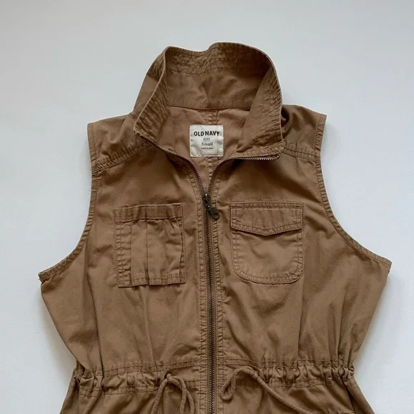 Old Navy 100% Cotton Tan Zip Front Utility Vest,  with Pockets and Tie Waist - Picture 2 of 6